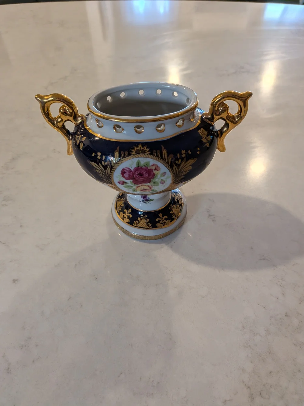 Porcelain Cobalt Blue and Gold with Floral Medallion Vase 5